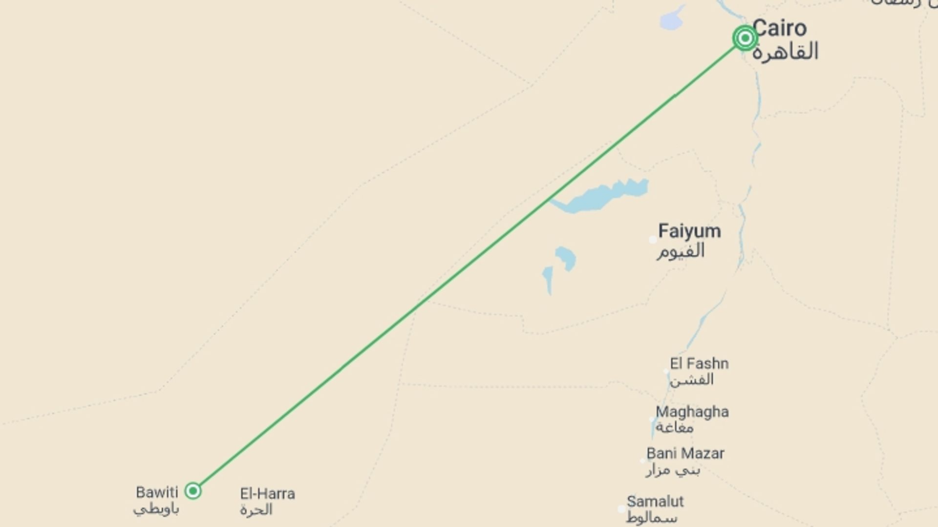 A map showing the tour itinerary for the trip: Cairo, Pyramids & Desert Explorer (5 Star) - 6 days, starting in Cairo, Egypt and ending in Cairo, Egypt going through 1 other destinations.