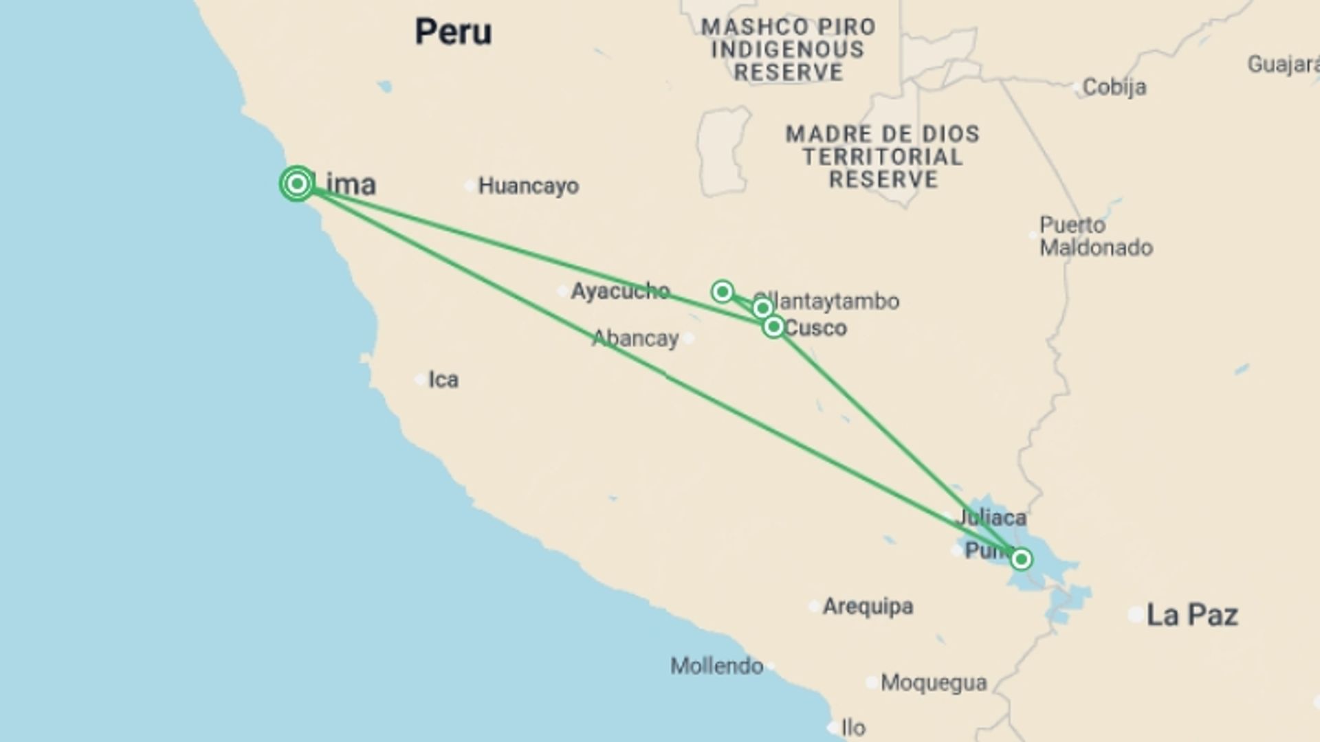 A map showing the tour itinerary for the trip: Machu Picchu & Lake Titicaca - 11 days, starting in Lima, Peru and ending in Lima, Peru going through 4 other destinations.