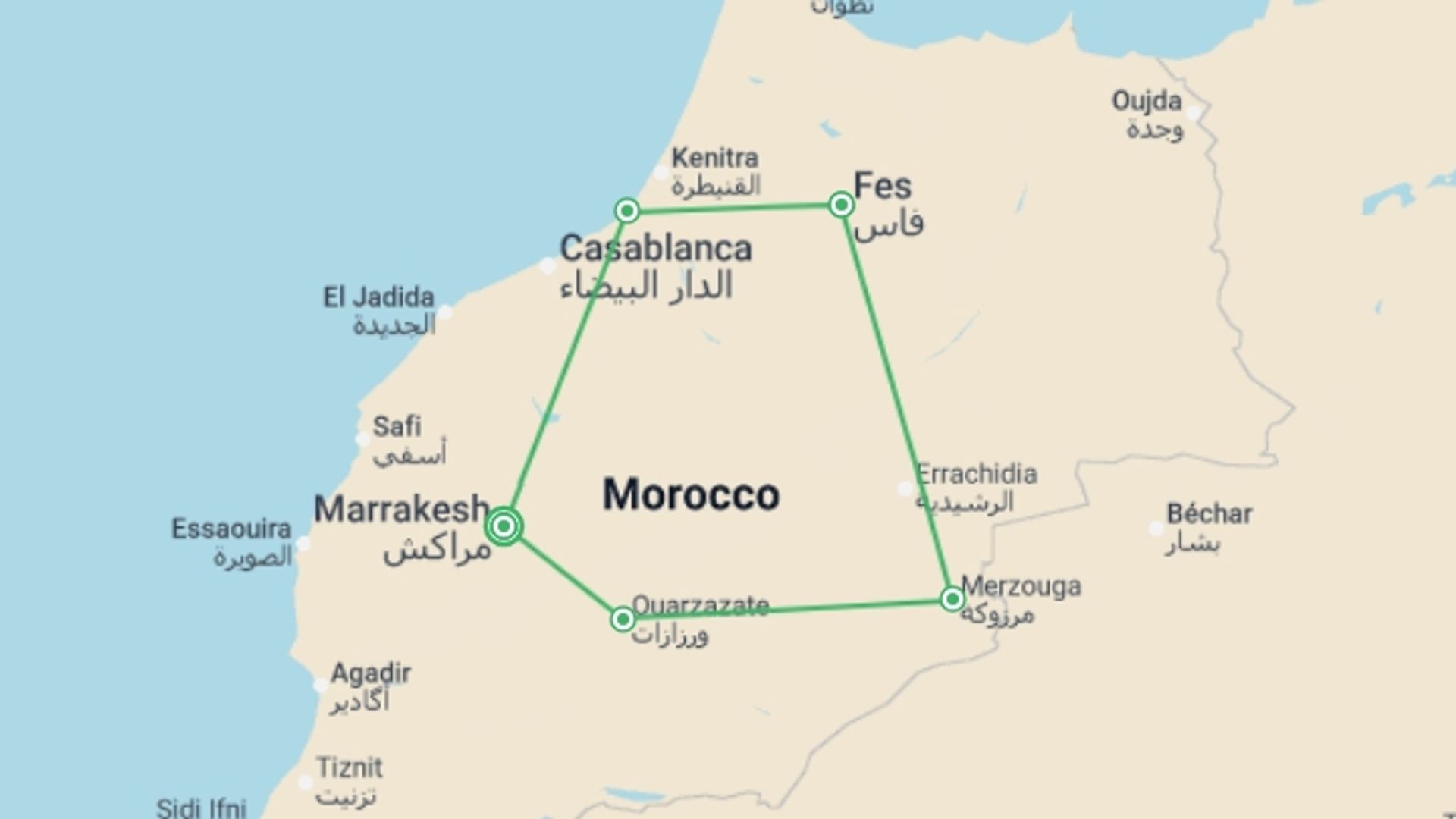 A map showing the tour itinerary for the trip: Morocco Meteor Shower - 9 days, starting in Marrakech, Morocco and ending in Marrakech, Morocco going through 4 other destinations.