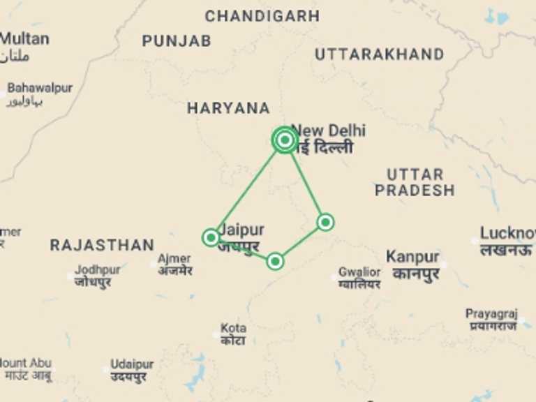 Map itinerary of Agra Tour in June 2027 with 5 destination visits for the trip: India's Golden Triangle
