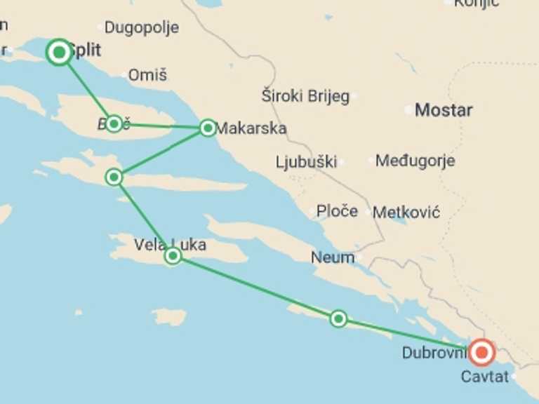 Map of Mediterranean Tour with 7 destination visits for the trip: Sail Split to Dubrovnik / Premier Boat