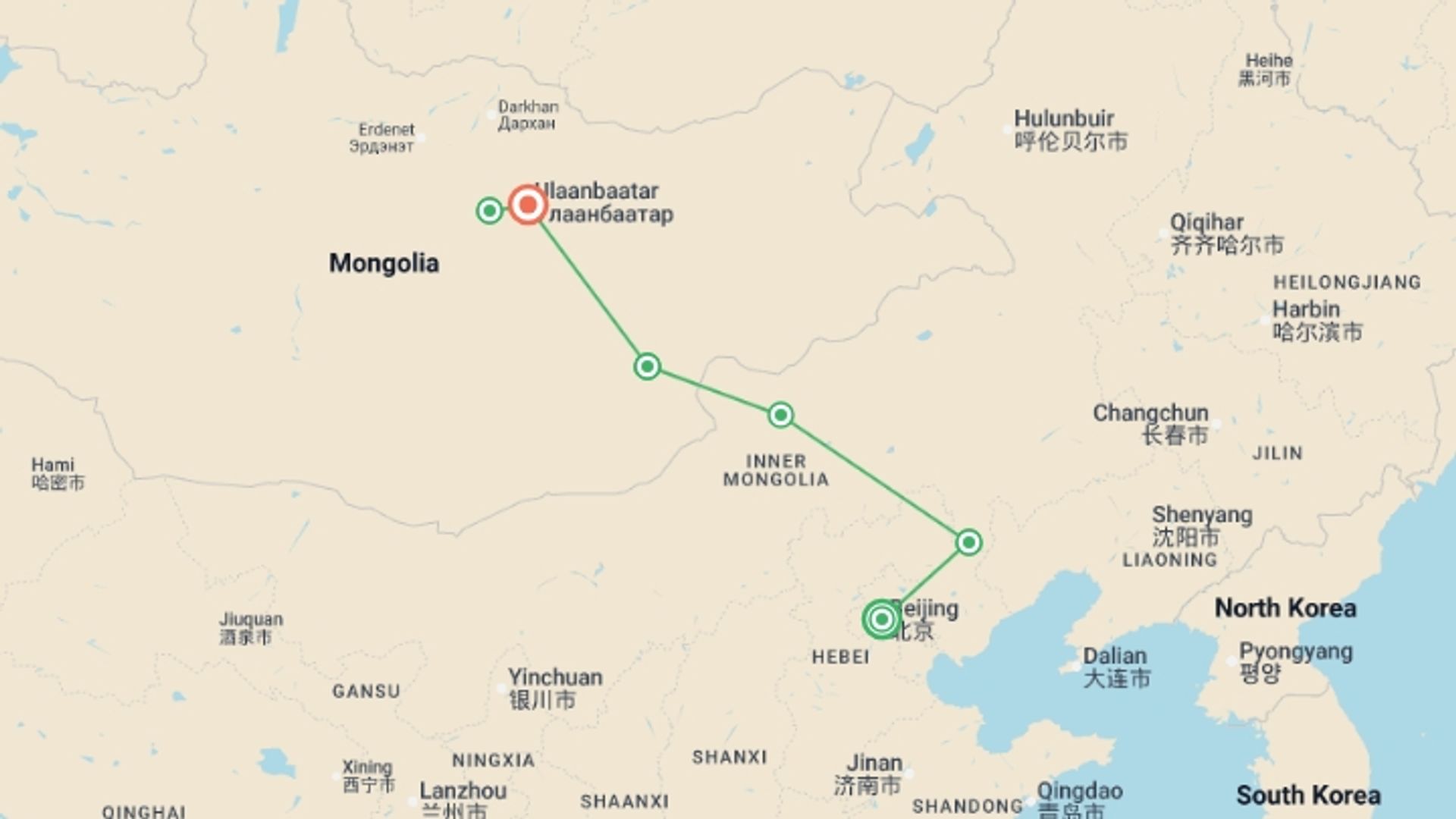 A map showing the tour itinerary for the trip: Trans-Mongolian Railway Adventure, starting in Beijing, China and ending in Ulaanbaatar, Mongolia going through 4 other destinations.