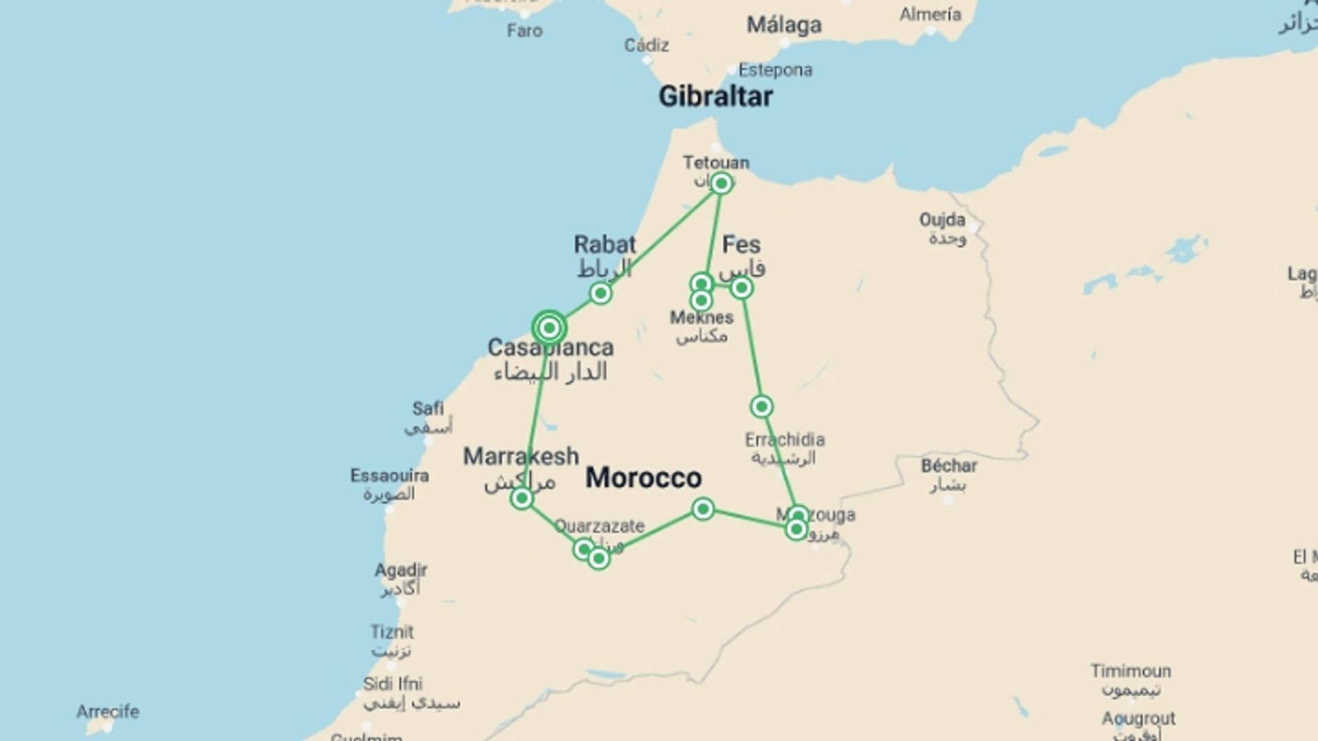 A map showing the tour itinerary for the trip: Highlights of Morocco, starting in Casablanca, Morocco and ending in Casablanca, Morocco going through 5 other destinations.