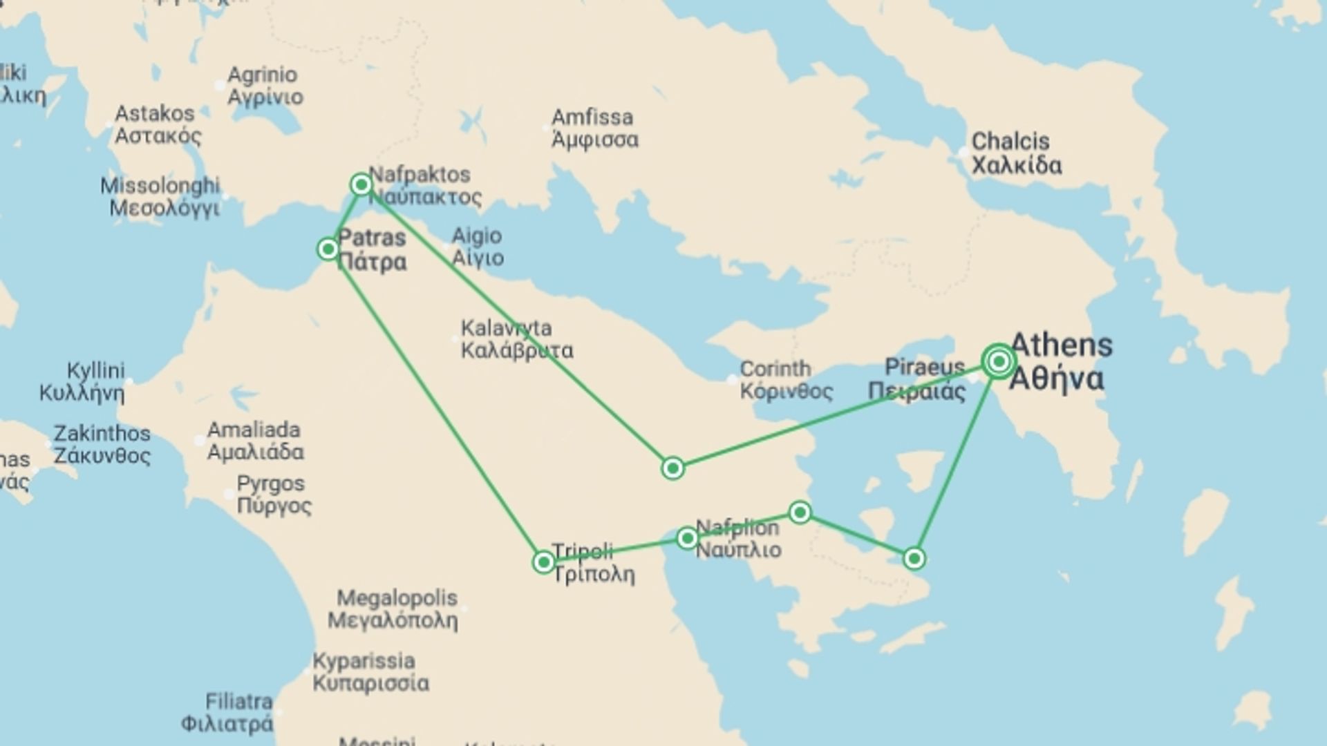 A map showing the tour itinerary for the trip: Peloponnese and Saronic Islands, starting in Athens, Greece and ending in Athens, Greece going through 2 other destinations.