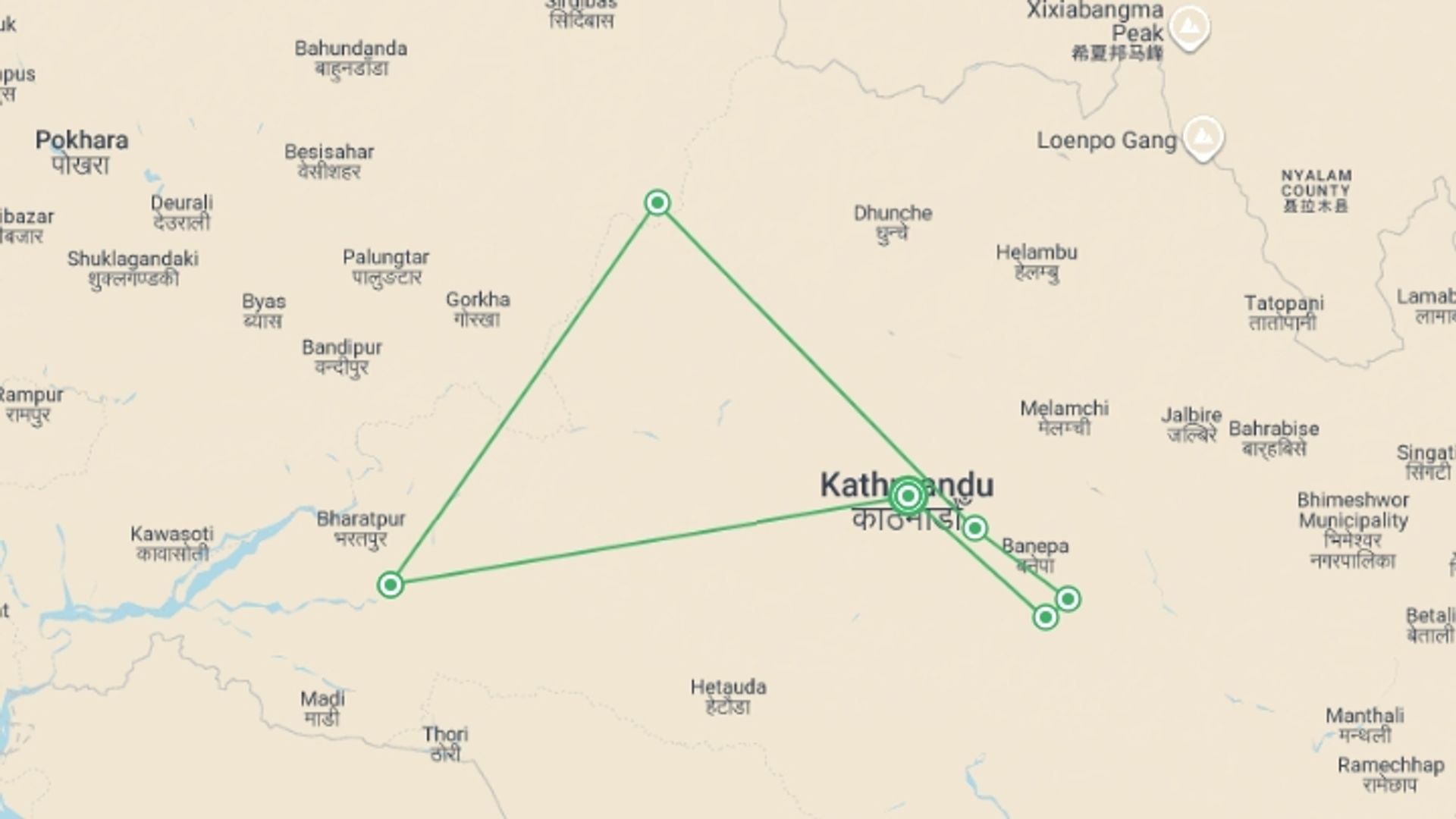 A map showing the tour itinerary for the trip: Nepal Adventure, starting in Kathmandu, Nepal and ending in Kathmandu, Nepal going through 5 other destinations.