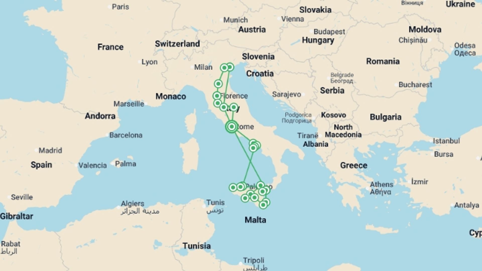 A map showing the tour itinerary for the trip: Best of Italy, starting in Rome, Italy and ending in Rome, Italy going through 7 other destinations.