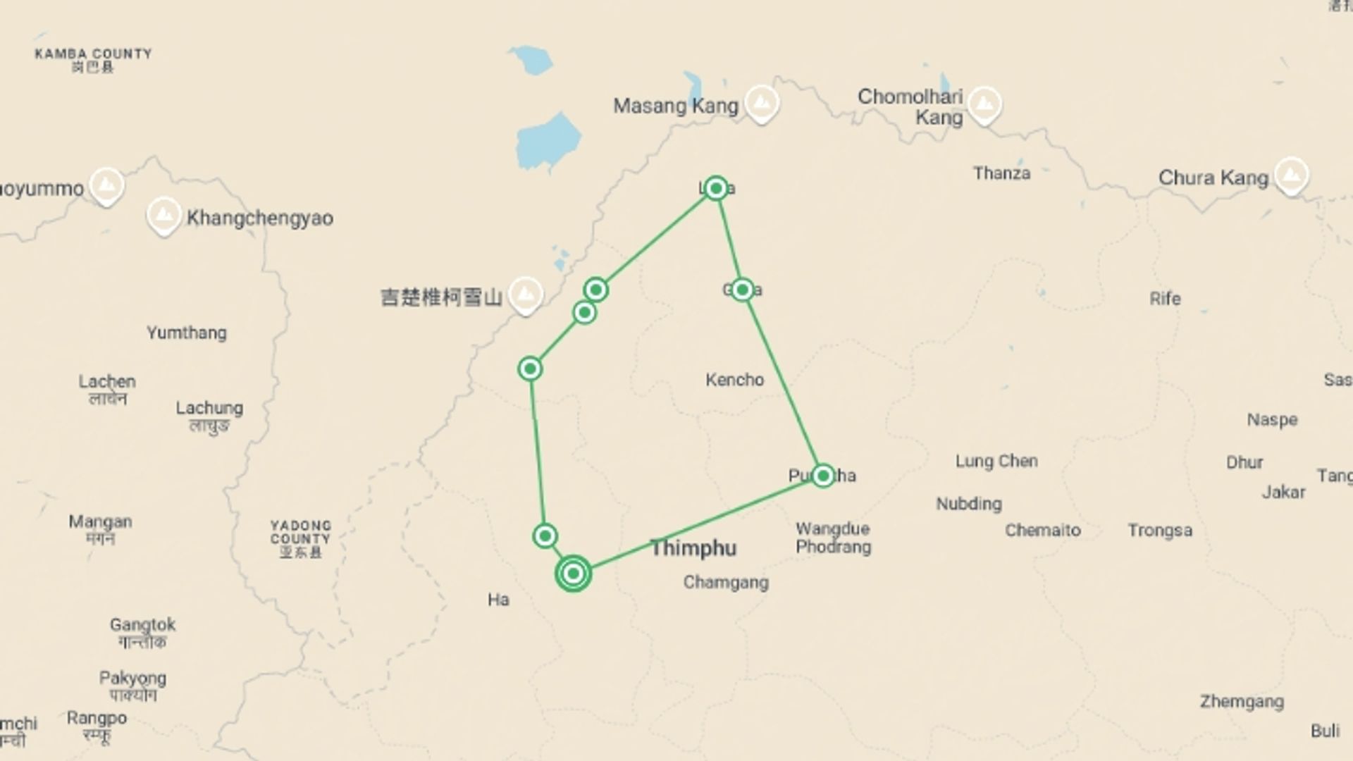 A map showing the tour itinerary for the trip: Bhutan High Trails via Laya, starting in Paro, Bhutan and ending in Paro, Bhutan going through 7 other destinations.