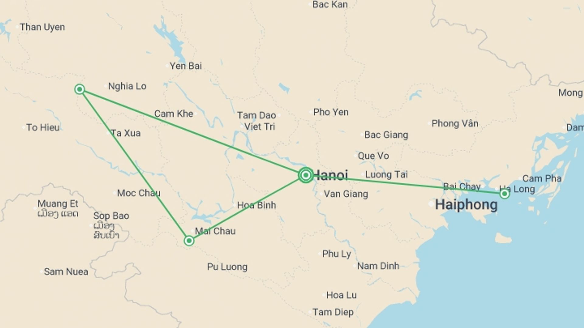 A map showing the tour itinerary for the trip: Pu Luong Nature Discovery - 8 days, starting in Hanoi, Vietnam and ending in Hanoi, Vietnam going through 3 other destinations.
