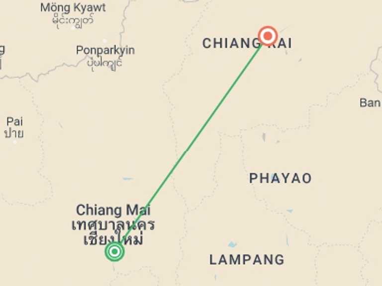 Map of 4-Day Chiang Mai Tour with 2 destination visits for the trip: Chiang Mai To Chiang Rai, Private Tour