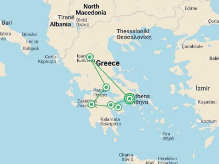 Map itinerary of Balkans Tour in Fall with 4 destination visits for the trip: Winter In Greece - Classical Greece, Spanish-speaking Guide