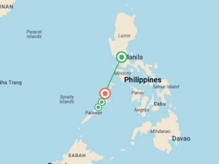 Map of a Beach Tour with 4 destination visits for the trip: Philippines Island Hopping West