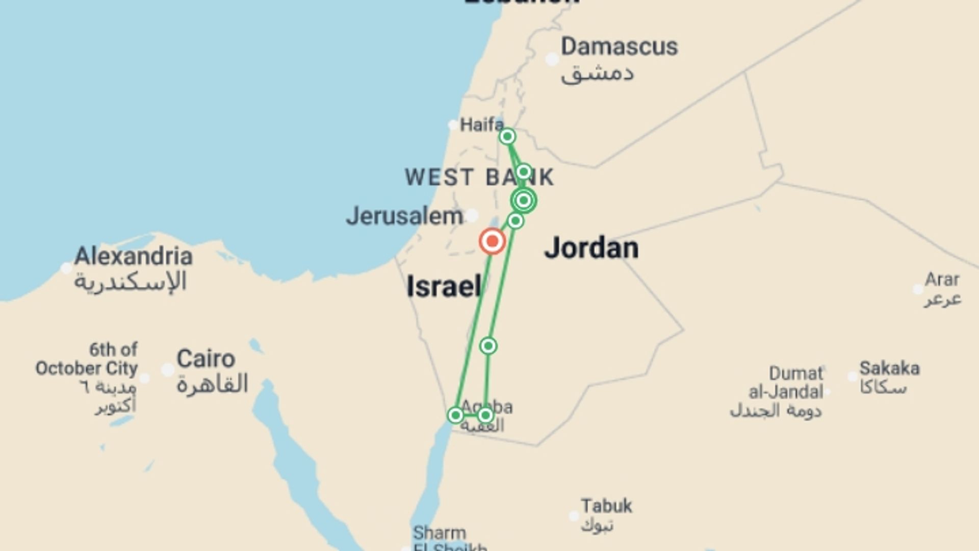 A map showing the tour itinerary for the trip: Lawrences Arabia 5 star - 9 Days, starting in Amman, Jordan and ending in Dead Sea, Jordan going through 2 other destinations.