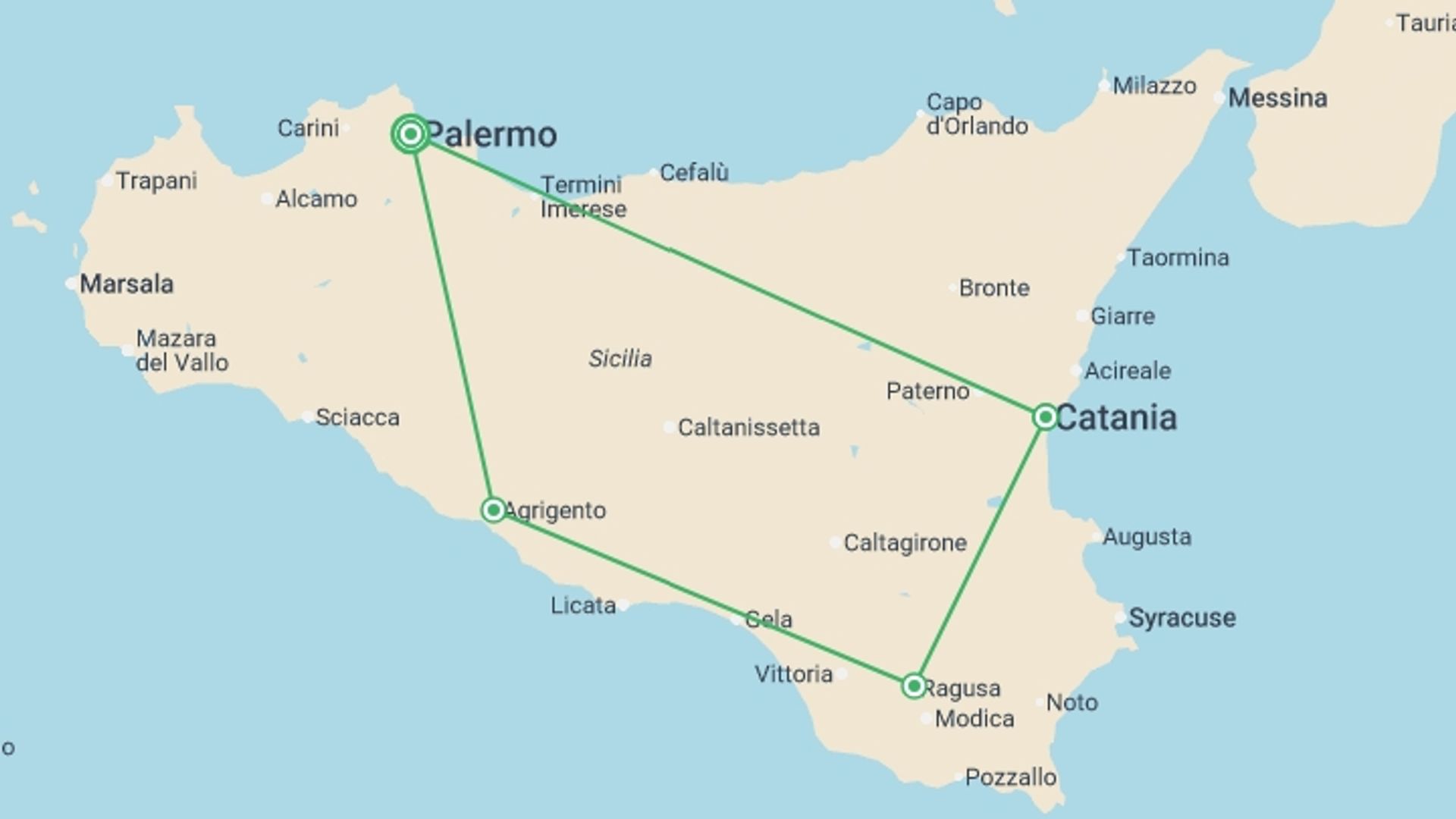 A map showing the tour itinerary for the trip: Highlights of Sicily From Palermo - 10 days, starting in Palermo, Italy and ending in Palermo, Italy going through 3 other destinations.