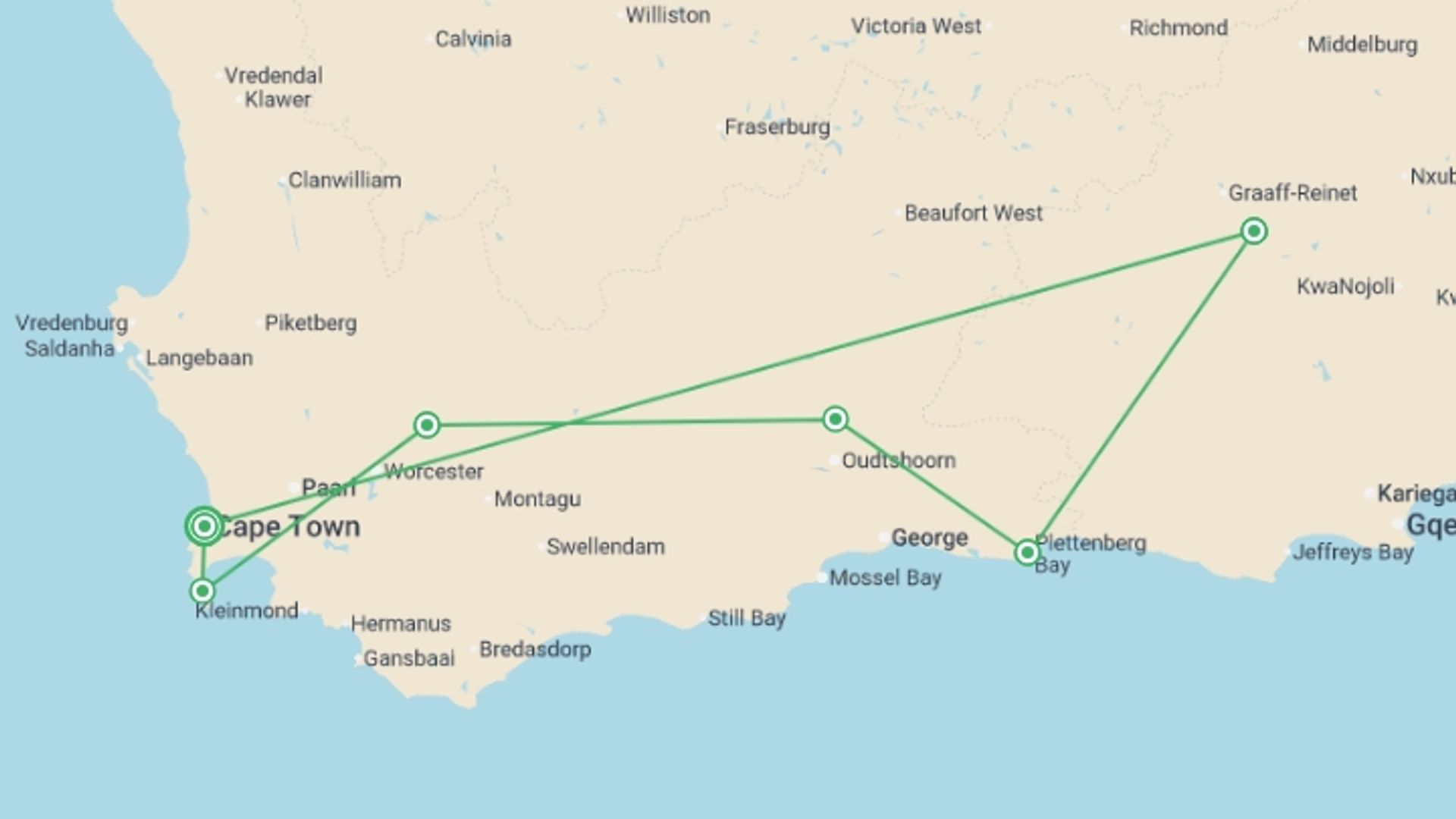 A map showing the tour itinerary for the trip: Best of the Garden Route - Premium Adventure, starting in Cape Town, South Africa and ending in Cape Town, South Africa going through 5 other destinations.