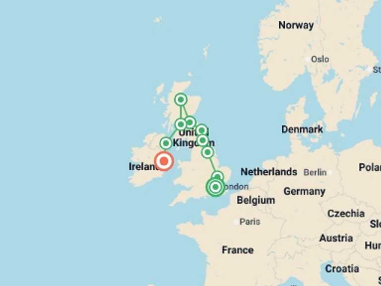 Map itinerary of Europe Tour in June 2026 with 6 destination visits for the trip: Extensive United Kingdom and Ireland end Dublin