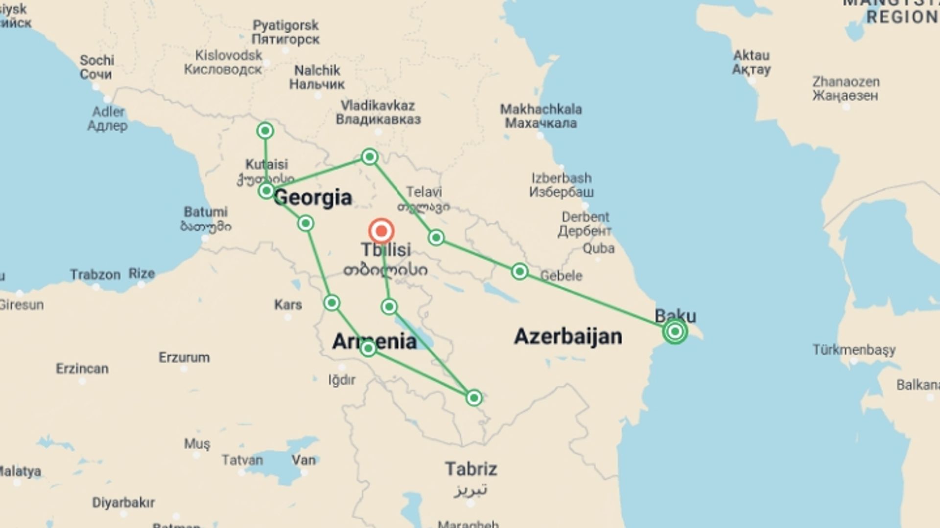 A map showing the tour itinerary for the trip: Mountains and Monasteries, starting in Baku, Azerbaijan and ending in Tbilisi, Georgia going through 10 other destinations.