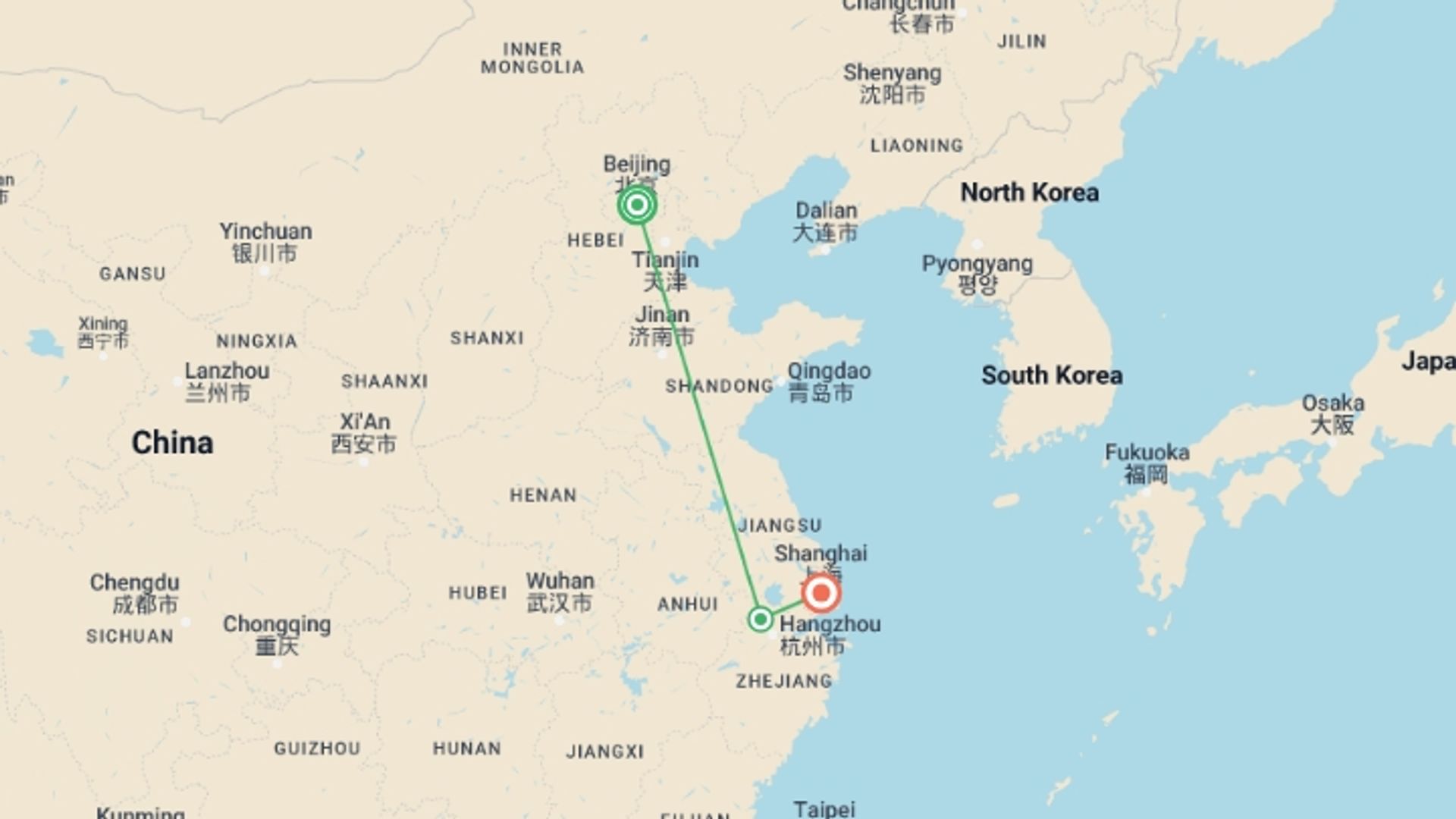 A map showing the tour itinerary for the trip: Beijing to Shanghai Express, starting in Beijing, China and ending in Shanghai, China going through 1 other destinations.