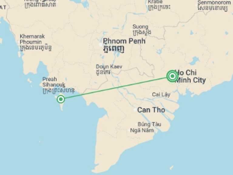 Map itinerary of Asia Tour in August 2026 with 2 destination visits for the trip: Saigon, Mekong & Phu Quoc (Superior) - 8 days