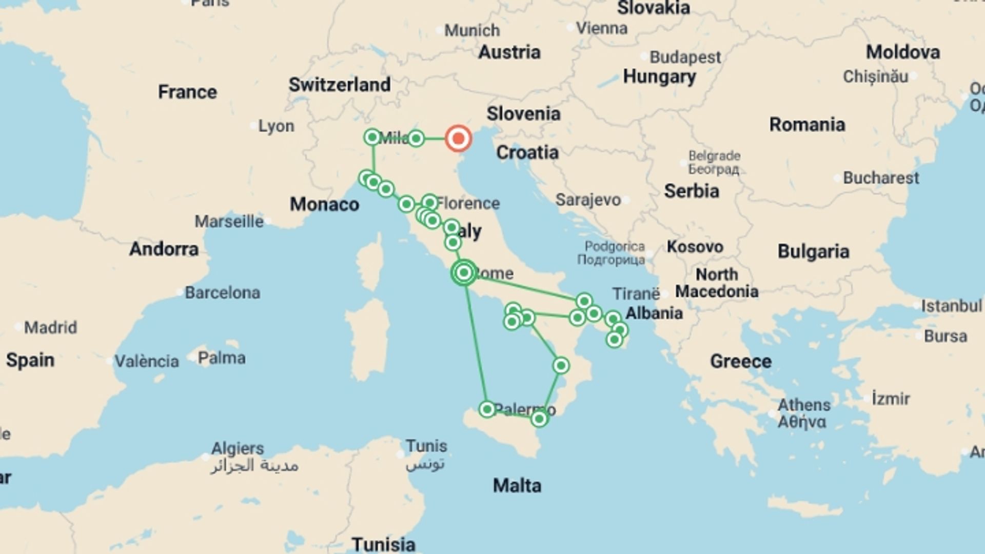 A map showing the tour itinerary for the trip: Italian Roundabout Complete End Venice, starting in Rome, Italy and ending in Venice, Italy going through 11 other destinations.