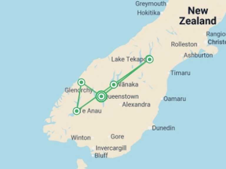 Map of Oceania Explorer Tour with 7 destination visits for the trip: NZ Adventure South