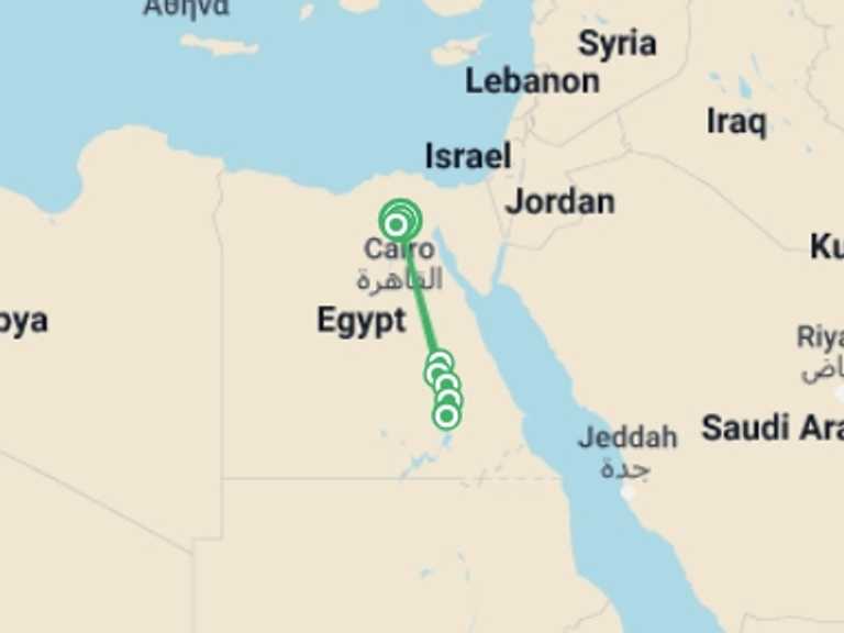 Map of 8-Day Luxor Tour with 6 destination visits for the trip: Classic Egypt Tour & Nile Cruise 8 Days In 5* or 4* Stars