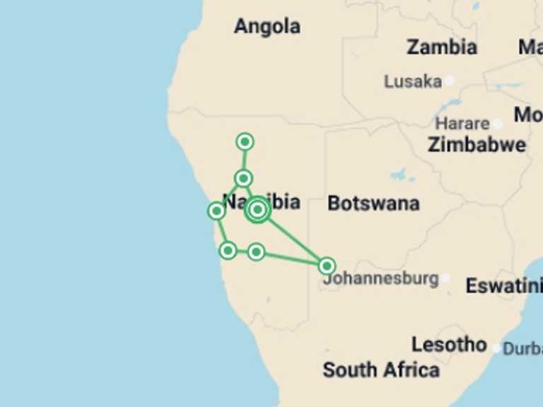 Map itinerary of Africa Tour in September 2026 with 5 destination visits for the trip: Namibia The Finest Way, Self-drive