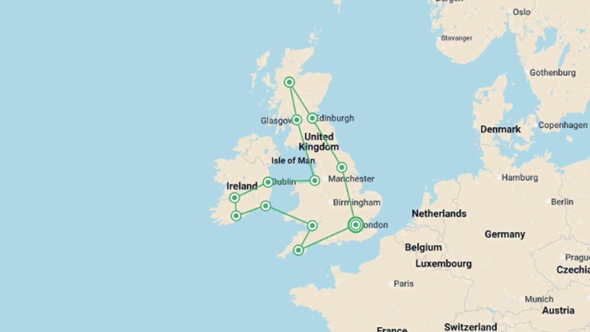 A map showing the tour itinerary for the trip: Britain and Ireland Panorama, starting in London, England and ending in London, England going through 0 other destinations.
