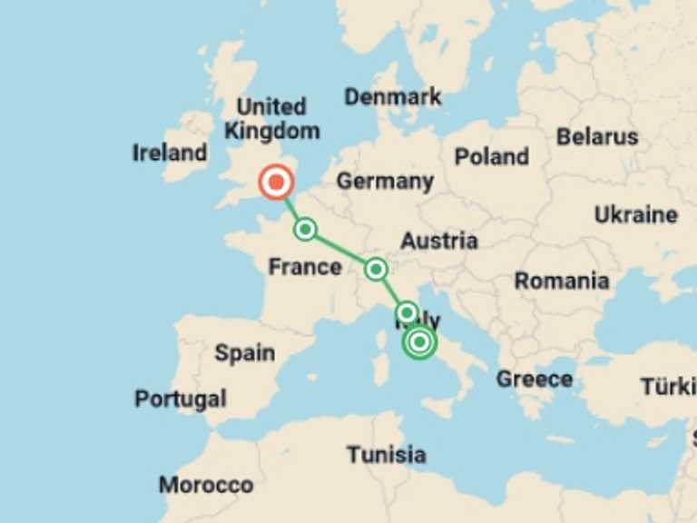 Map itinerary of London Tour in May 2026 with 5 destination visits for the trip: Rome to London Trail