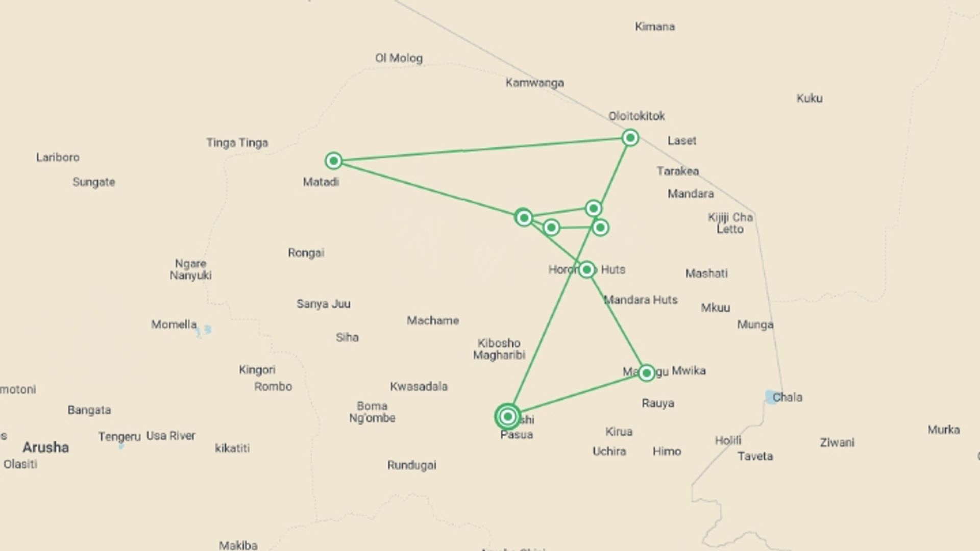 A map showing the tour itinerary for the trip: Seven-Day Kilimanjaro Climb: Rongai Route, starting in Moshi, Tanzania and ending in Moshi, Tanzania going through 8 other destinations.