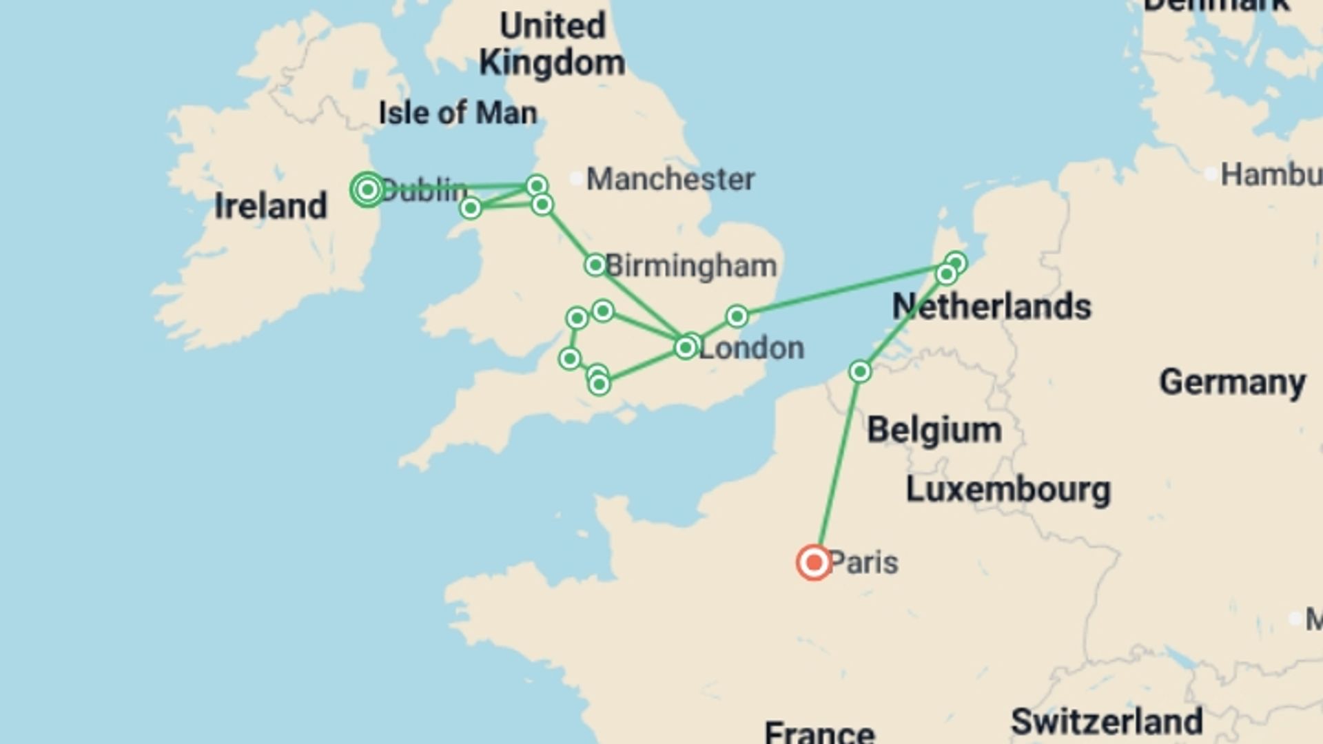 A map showing the tour itinerary for the trip: Dublin, Southern England, and Amsterdam with Paris, starting in Dublin, Ireland and ending in Paris, France going through 6 other destinations.