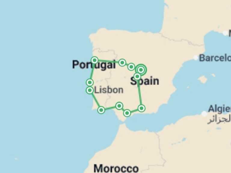 Map of Portugal Tour with 6 destination visits for the trip: Highlights of Spain & Portugal