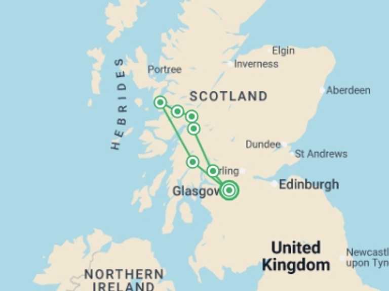 Map of Glasgow Explorer Tour with 2 destination visits for the trip: Glens, Coasts & The Harry Potter Train