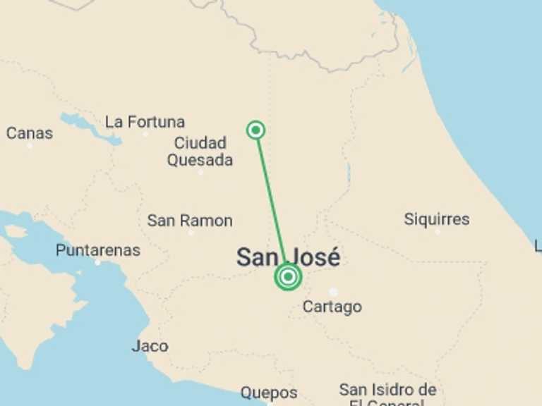 Map of 3-Day San Jose Tour with 2 destination visits for the trip: Sarapiqui With White River Rafting, Short Break