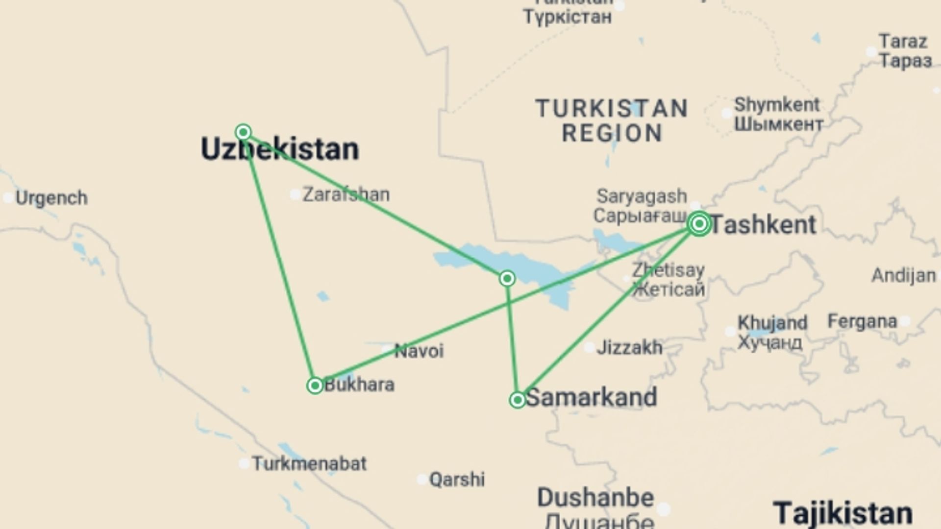 A map showing the tour itinerary for the trip: Uzbekistan Adventure, starting in Tashkent, Uzbekistan and ending in Tashkent, Uzbekistan going through 4 other destinations.