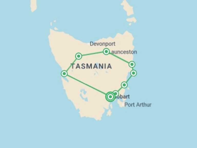 Map of Australia Tour with 6 destination visits for the trip: Ultimate Tasmania