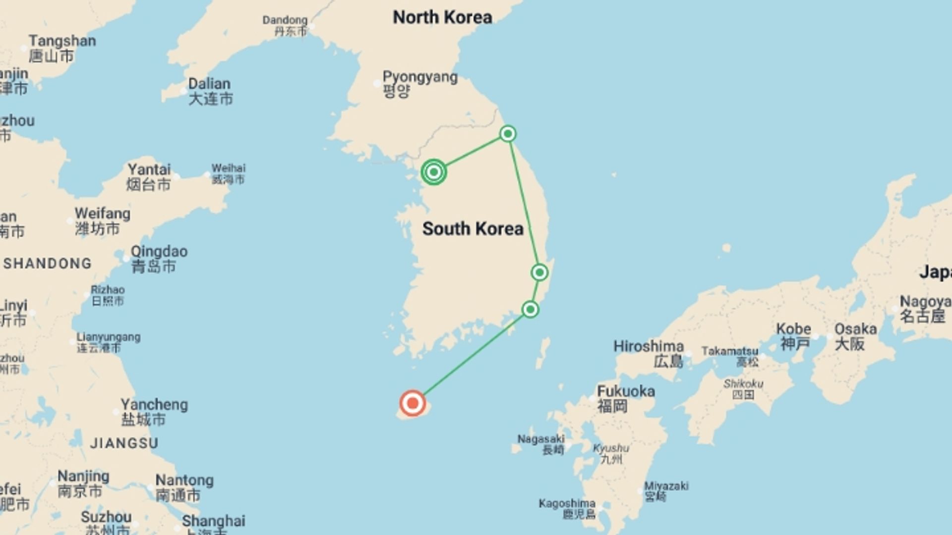 A map showing the tour itinerary for the trip: Essential South Korea and Jeju - 12 days, starting in Seoul, South Korea and ending in Jeju, South Korea going through 3 other destinations.