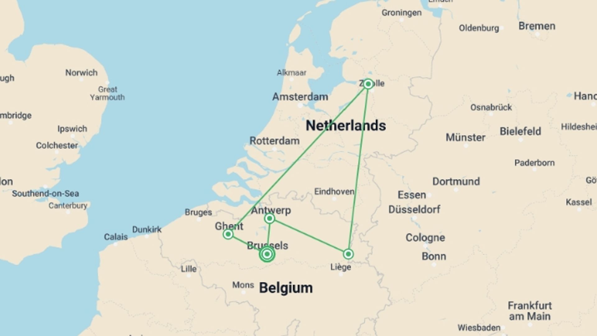 A map showing the tour itinerary for the trip: Belgian Holiday Markets (2026), starting in Brussels, Belgium and ending in Brussels, Belgium going through 4 other destinations.