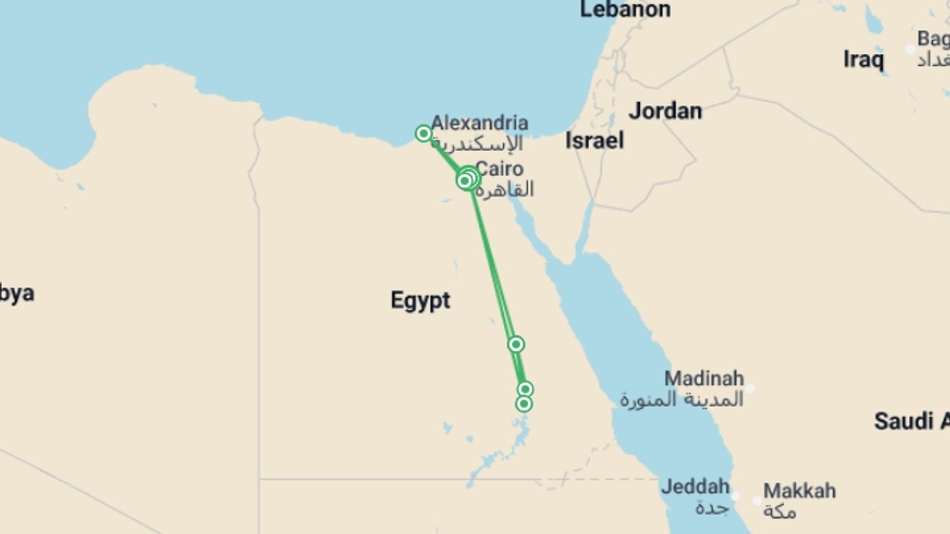 A map showing the tour itinerary for the trip: Alexandria, Ancient Egypt & Nile Cruising - 13 days, starting in Cairo, Egypt and ending in Cairo, Egypt going through 4 other destinations.
