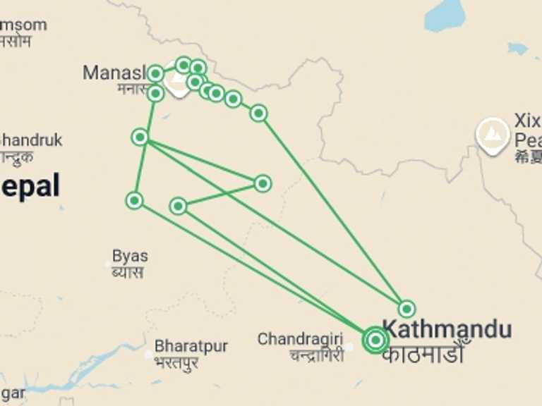 Map of Asia Trekking and Hiking Tour with 17 destination visits for the trip: Manaslu Circuit & Base Camp Trek