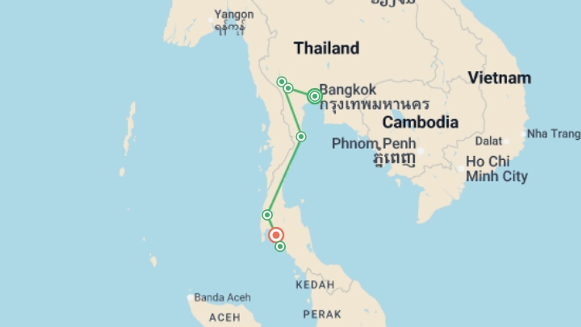 A map showing the tour itinerary for the trip: Simply Thailand, starting in Bangkok, Thailand and ending in Krabi, Thailand going through 5 other destinations.