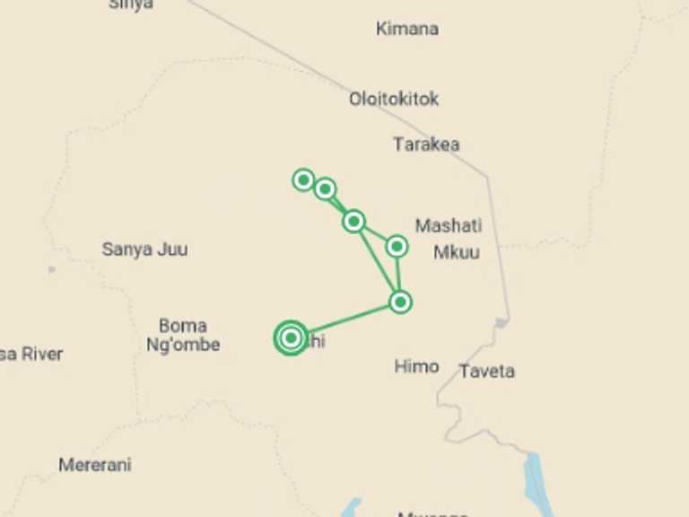 Map of Moshi Climbing Tour with 7 destination visits for the trip: Five-Day Kilimanjaro Climb: Marangu Route