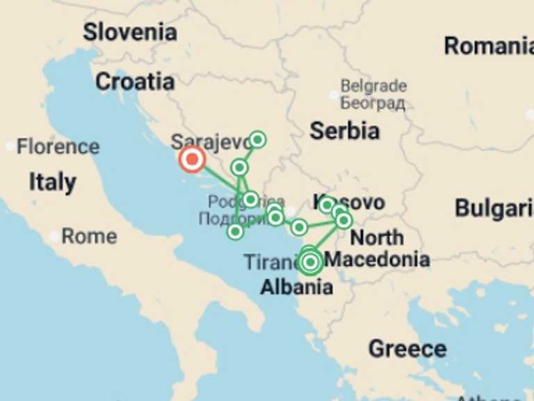 Map itinerary of Balkans Tour in August 2026 with 7 destination visits for the trip: Albania to the Adriatic - 8 days