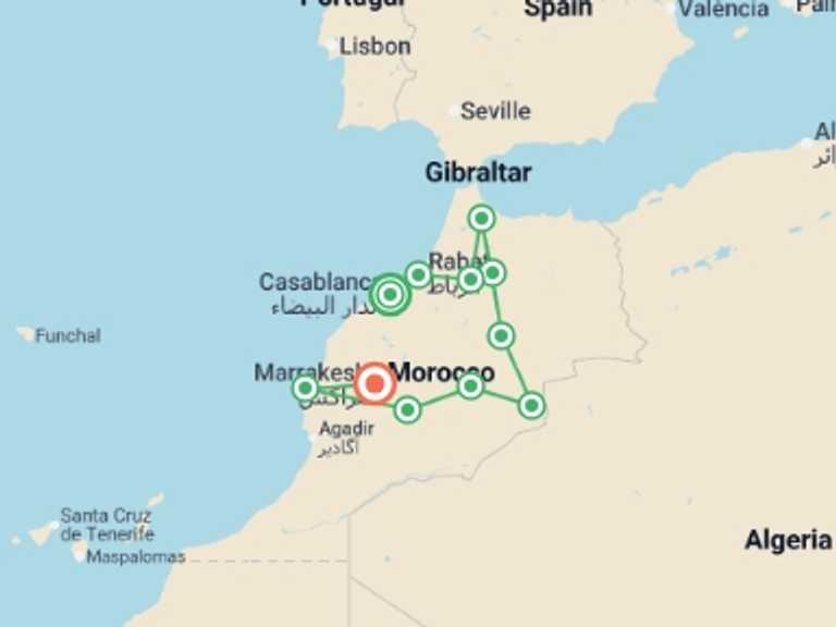 Map itinerary of Mediterranean Tour in March 2027 with 10 destination visits for the trip: Camels, Souks & Kasbahs from Casa - 14 days