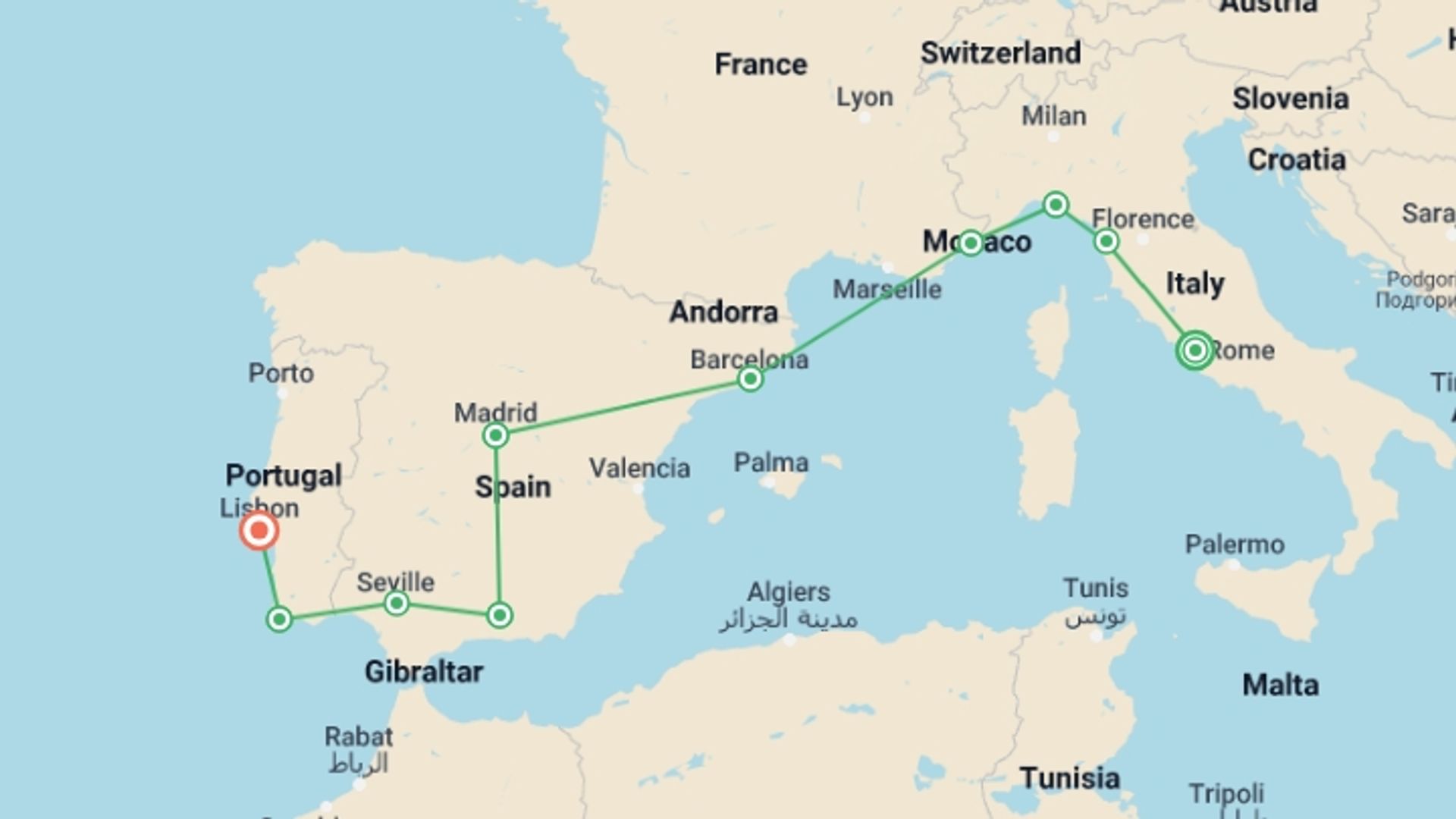 A map showing the tour itinerary for the trip: Rome to Lisbon: Coasts & Countryside, starting in Rome, Italy and ending in Lisbon, Portugal going through 7 other destinations.