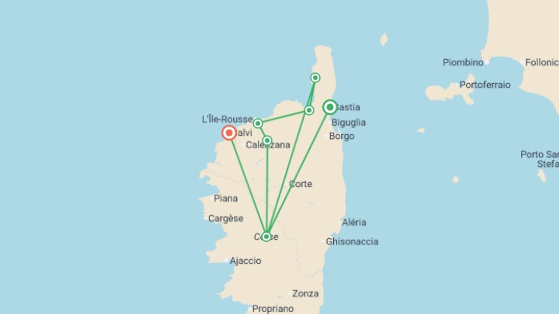 A map showing the tour itinerary for the trip: Corsica Cycle, starting in Bastia, France and ending in Calvi, France going through 5 other destinations.