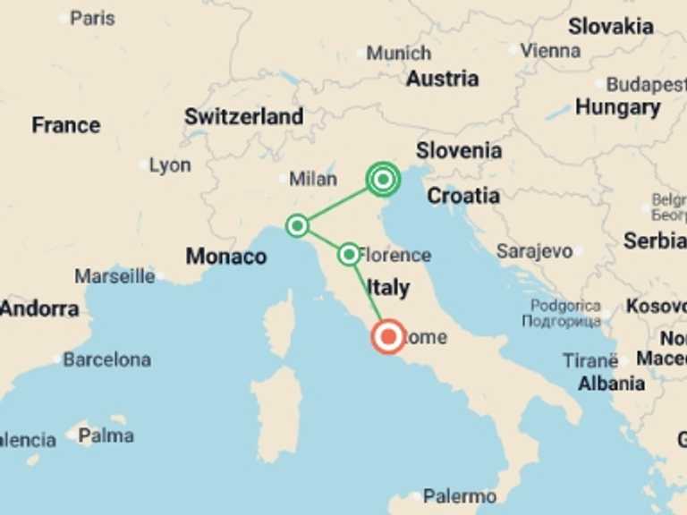Map of Italy Tour with 4 destination visits for the trip: Best of Italy 