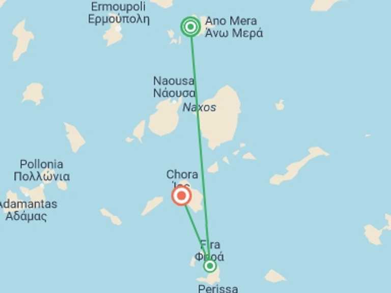 Map of 7-Day Santorini Tour with 3 destination visits for the trip: 3 Island Explorer