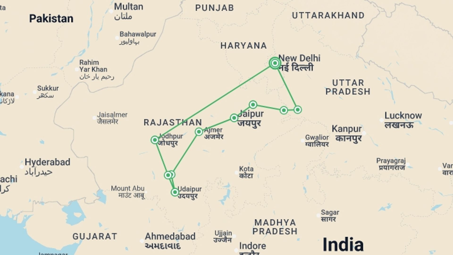 A map showing the tour itinerary for the trip: Cycling Through Rajasthan, starting in New Delhi, India and ending in New Delhi, India going through 9 other destinations.