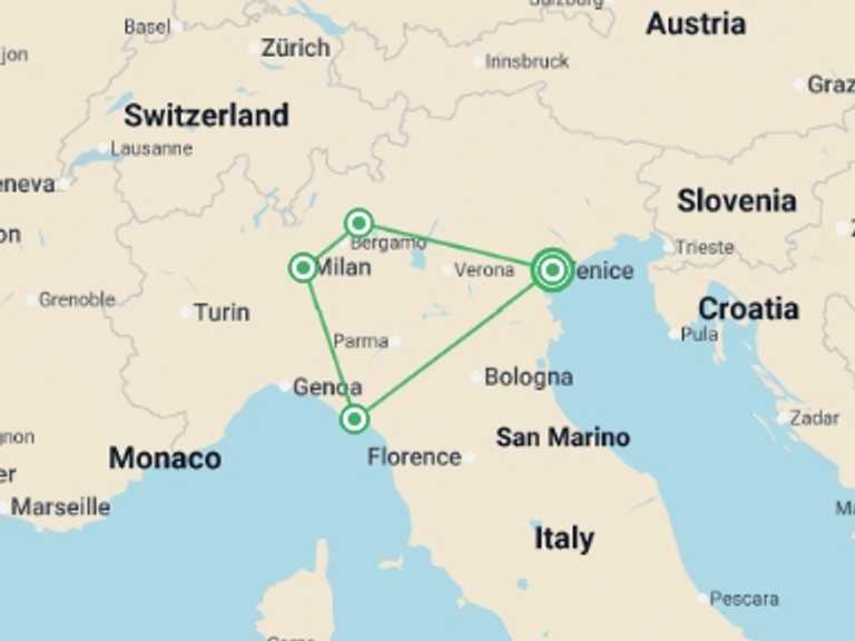 Map itinerary of Italy Tour in August 2026 with 4 destination visits for the trip: Venice to Liguria Loop - 11 days