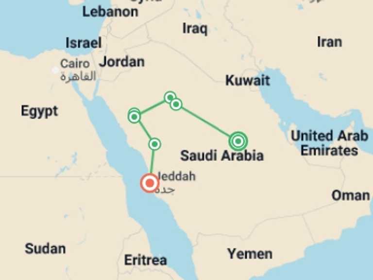 Map of Middle East Tour with 5 destination visits for the trip: Picturesque Solo Saudi Arabia Tour